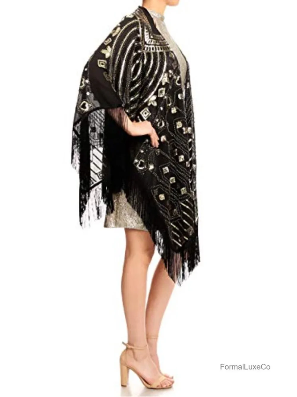 Hand Beaded Fringed Sequin Evening Shawl Wrap